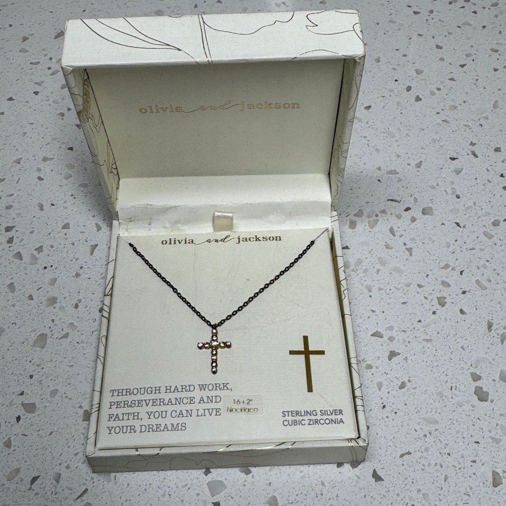 Olivia and Jackson Sterling Silver Cubic Zirconia Cross Necklace 16+2" NIB